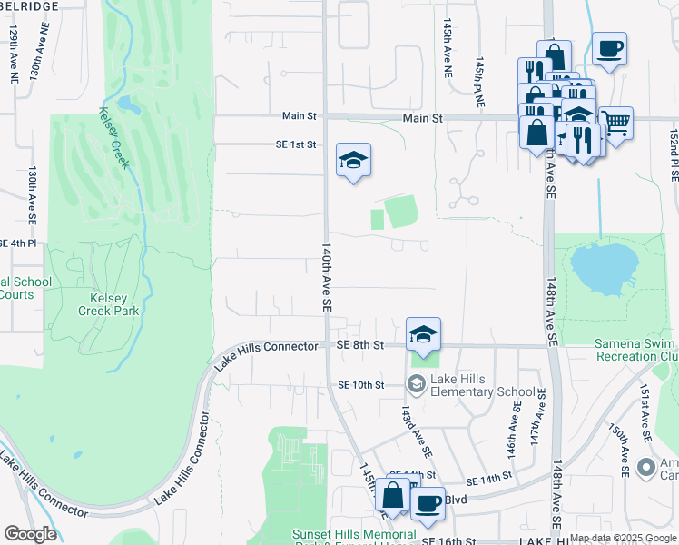 map of restaurants, bars, coffee shops, grocery stores, and more near 506 140th Avenue Southeast in Bellevue