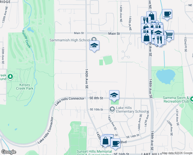 map of restaurants, bars, coffee shops, grocery stores, and more near 514 142nd Avenue Northeast in Bellevue
