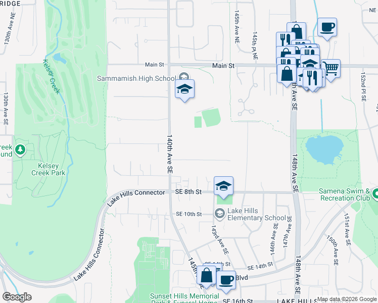 map of restaurants, bars, coffee shops, grocery stores, and more near 14006 Southeast 6th Street in Bellevue