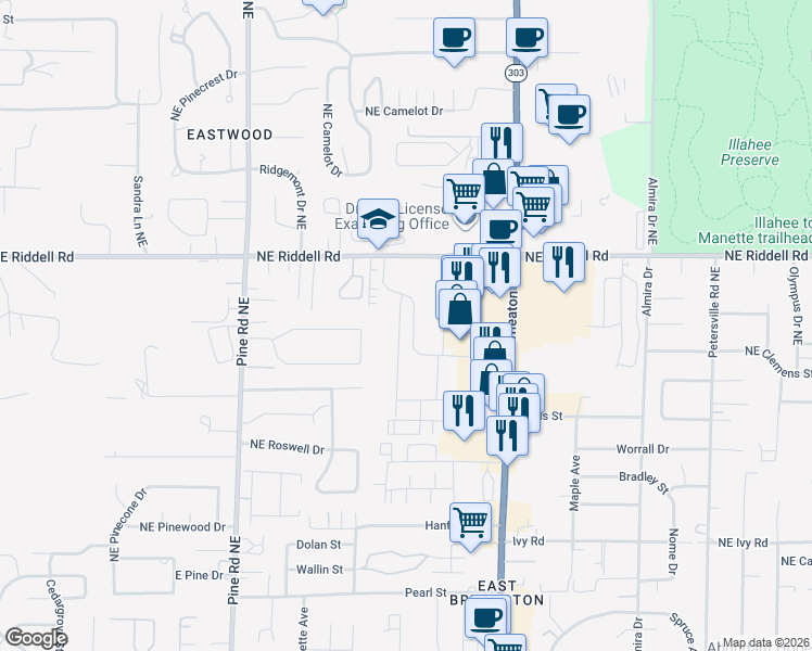 map of restaurants, bars, coffee shops, grocery stores, and more near 1107 Northeast Riddell Road in Bremerton