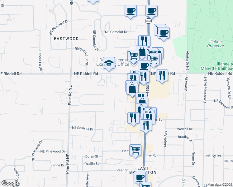 map of restaurants, bars, coffee shops, grocery stores, and more near 1107 Northeast Riddell Road in Bremerton
