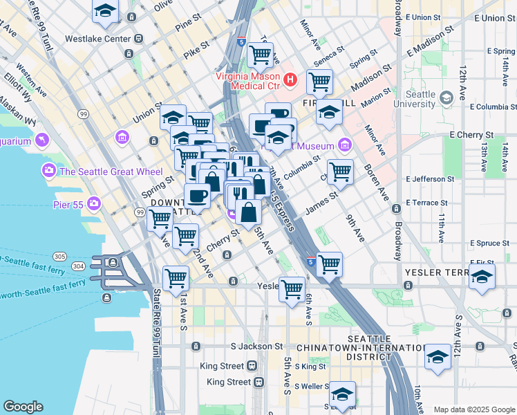 map of restaurants, bars, coffee shops, grocery stores, and more near 700 5th Avenue in Seattle