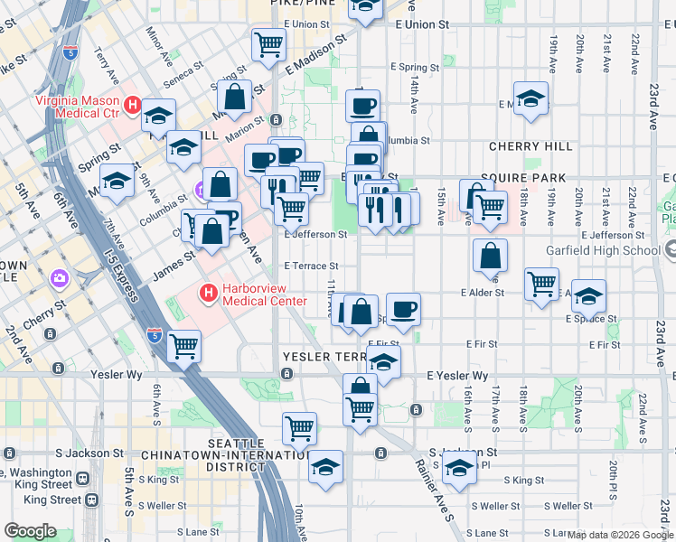 map of restaurants, bars, coffee shops, grocery stores, and more near 1108 East Terrace Street in Seattle