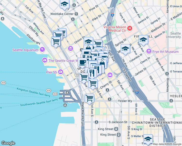 map of restaurants, bars, coffee shops, grocery stores, and more near in Seattle