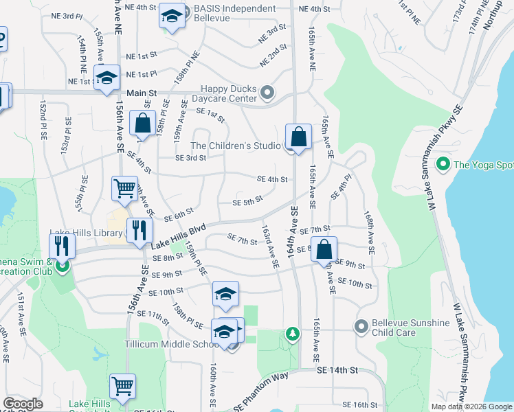 map of restaurants, bars, coffee shops, grocery stores, and more near 16127 Southeast 5th Street in Bellevue