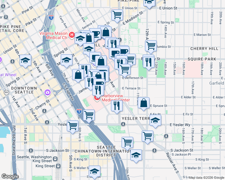 map of restaurants, bars, coffee shops, grocery stores, and more near 415 Boren Avenue in Seattle