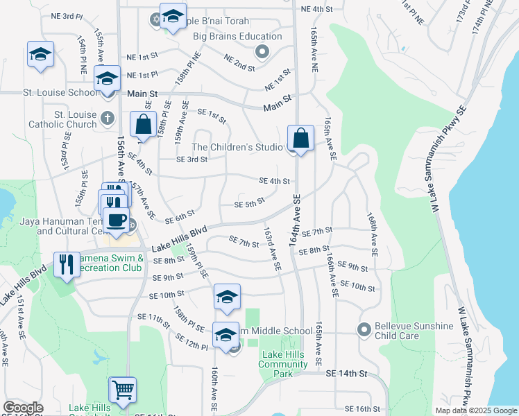 map of restaurants, bars, coffee shops, grocery stores, and more near 16127 Southeast 5th Street in Bellevue