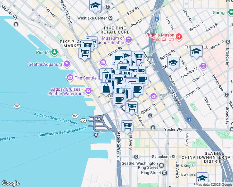 map of restaurants, bars, coffee shops, grocery stores, and more near 1000 1st Avenue in Seattle