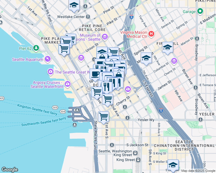 map of restaurants, bars, coffee shops, grocery stores, and more near 999 3rd Avenue in Seattle