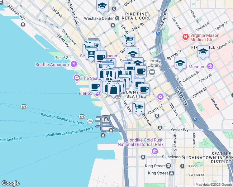 map of restaurants, bars, coffee shops, grocery stores, and more near 1023 1st Avenue in Seattle