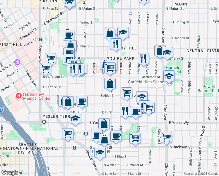 map of restaurants, bars, coffee shops, grocery stores, and more near 340 17th Avenue in Seattle