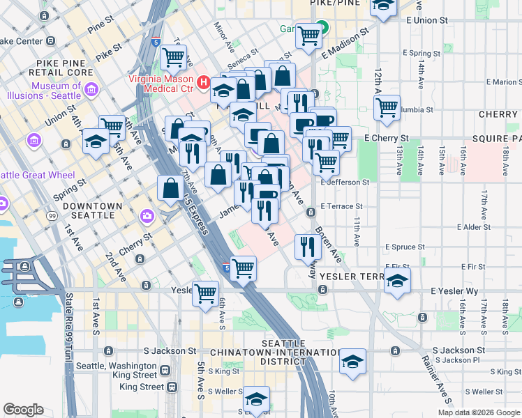 map of restaurants, bars, coffee shops, grocery stores, and more near 908 Jefferson Street in Seattle