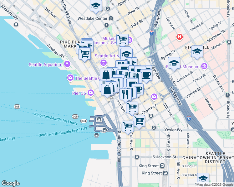 map of restaurants, bars, coffee shops, grocery stores, and more near 241 Spring Street in Seattle