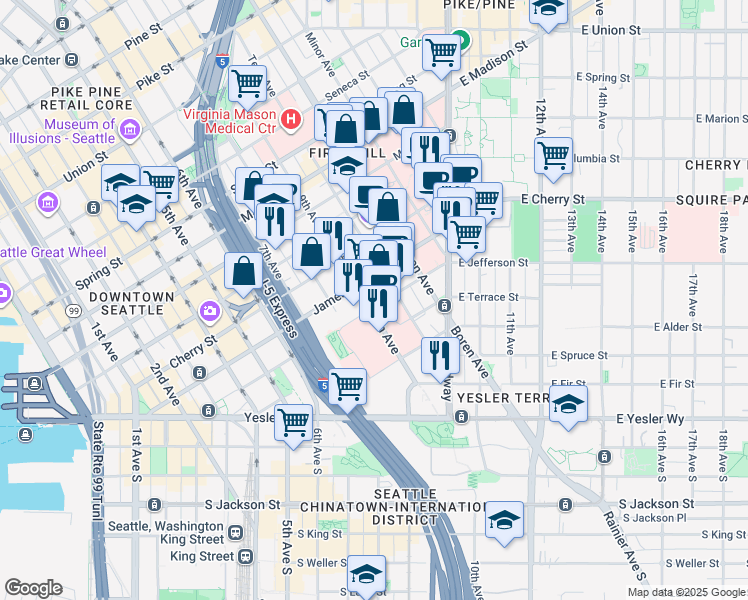 map of restaurants, bars, coffee shops, grocery stores, and more near 908 Jefferson Street in Seattle