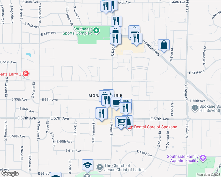 map of restaurants, bars, coffee shops, grocery stores, and more near 2820 East 53rd Avenue in Spokane