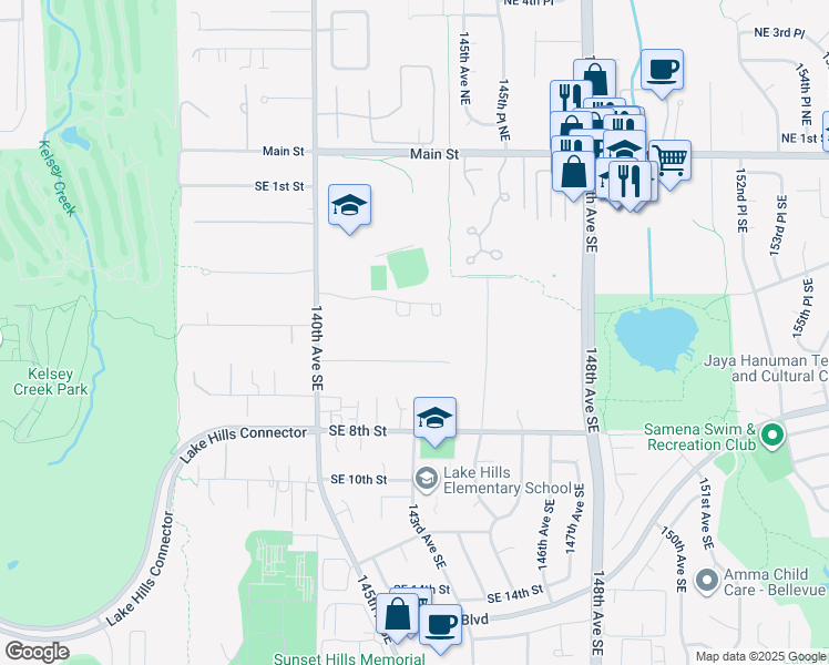 map of restaurants, bars, coffee shops, grocery stores, and more near 14245 Southeast 4th Street in Bellevue