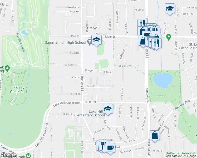 map of restaurants, bars, coffee shops, grocery stores, and more near 14213 Southeast 4th Street in Bellevue