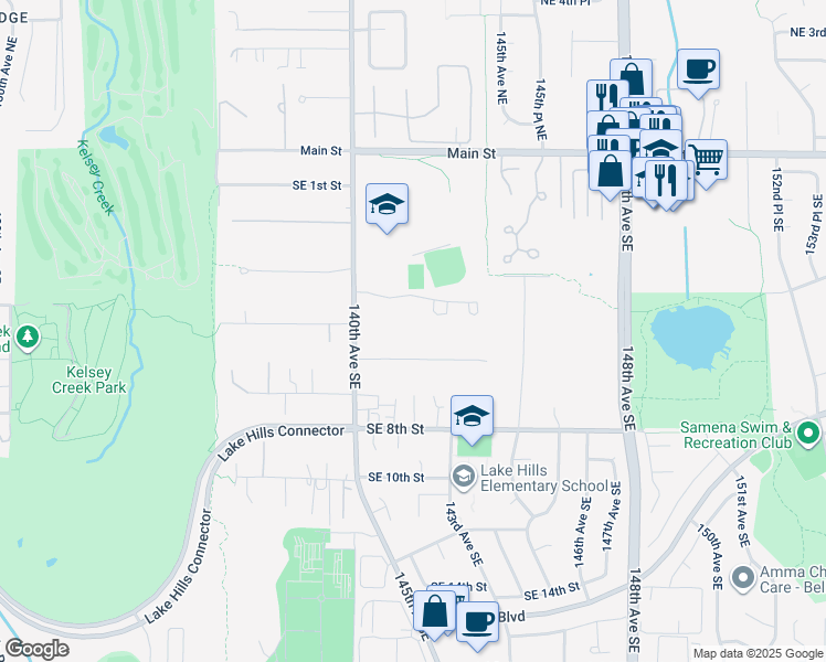 map of restaurants, bars, coffee shops, grocery stores, and more near 14213 Southeast 4th Street in Bellevue