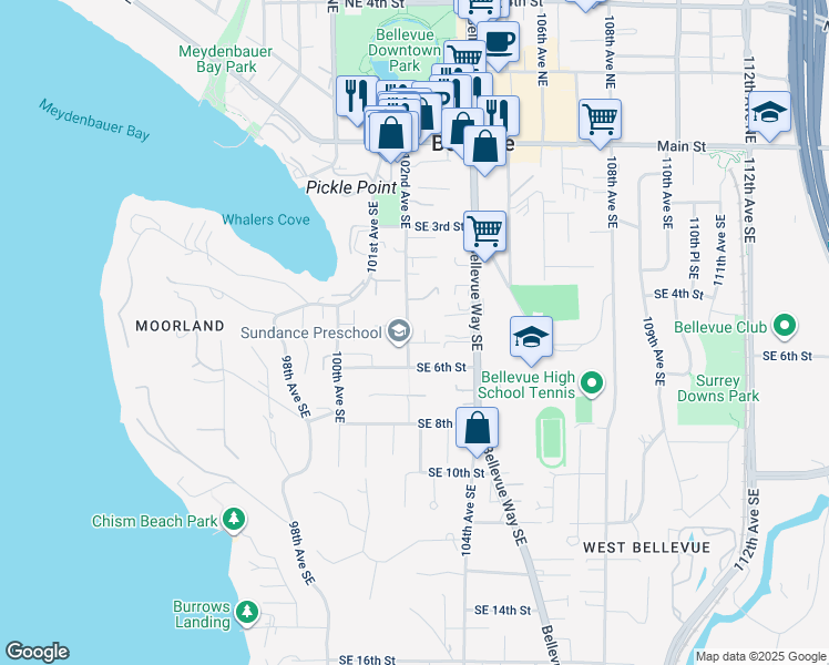 map of restaurants, bars, coffee shops, grocery stores, and more near 424 102nd Avenue Southeast in Bellevue