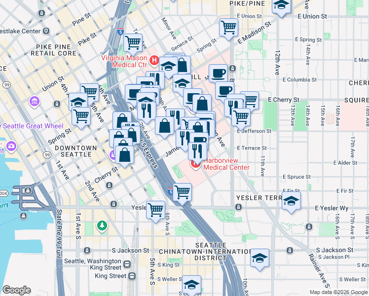 map of restaurants, bars, coffee shops, grocery stores, and more near 603 9th Avenue in Seattle