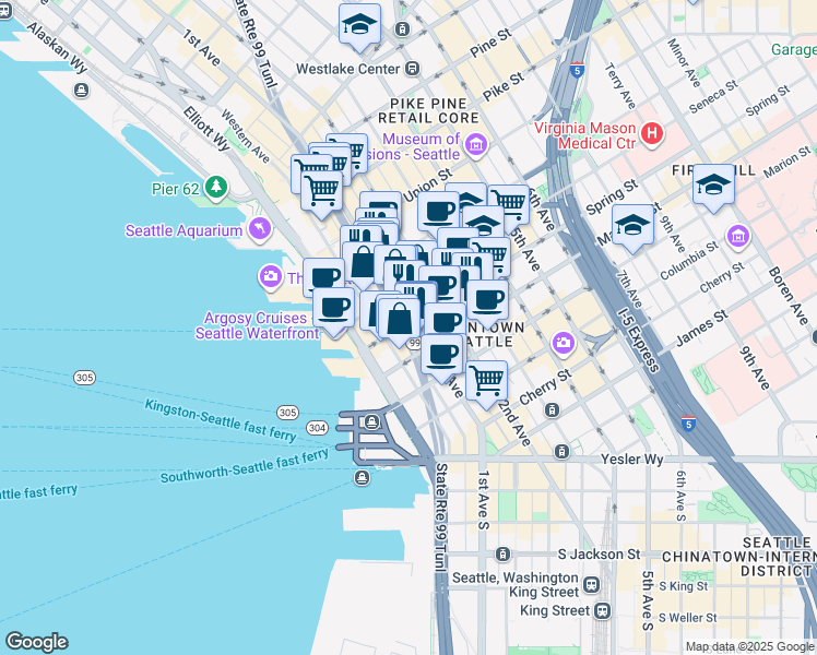 map of restaurants, bars, coffee shops, grocery stores, and more near 1103 1st Avenue in Seattle