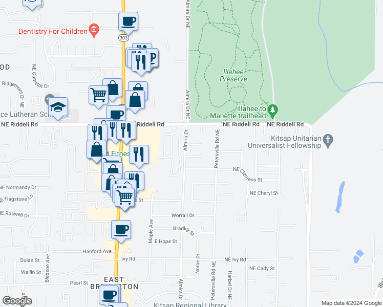 map of restaurants, bars, coffee shops, grocery stores, and more near 4456 Almira Drive in Bremerton
