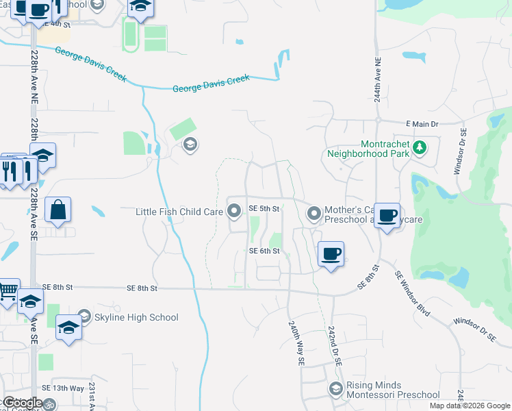 map of restaurants, bars, coffee shops, grocery stores, and more near 23800 Southeast 5th Street in Sammamish