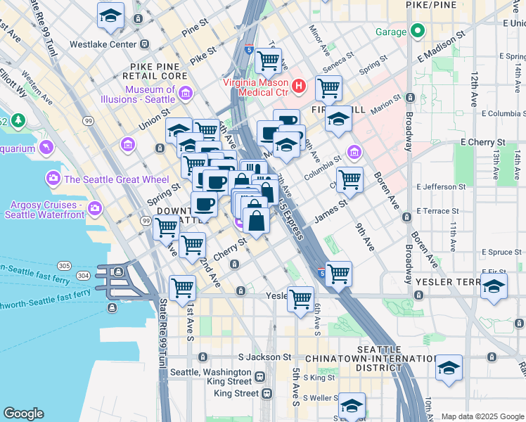 map of restaurants, bars, coffee shops, grocery stores, and more near 700 5th Avenue in Seattle