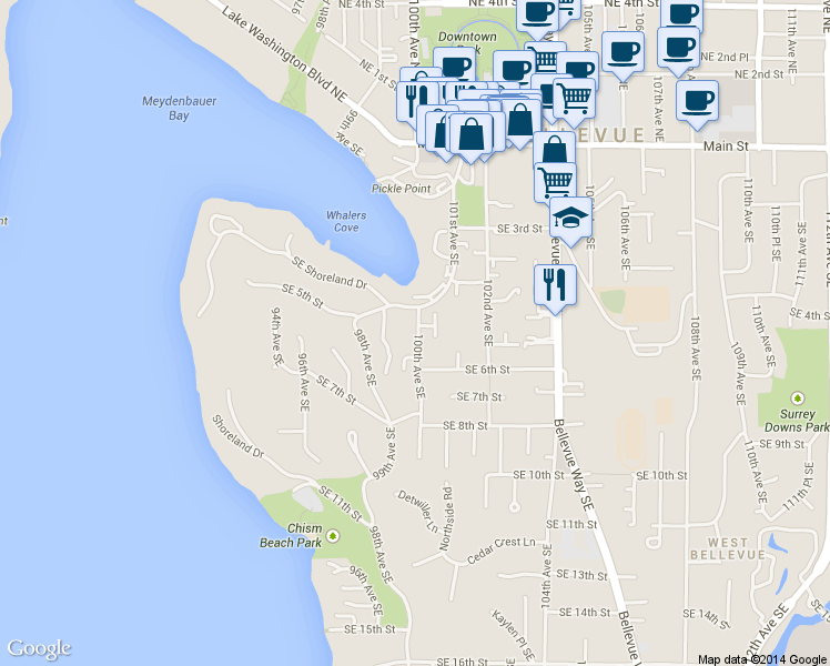 map of restaurants, bars, coffee shops, grocery stores, and more near 520 100th Avenue Southeast in Bellevue