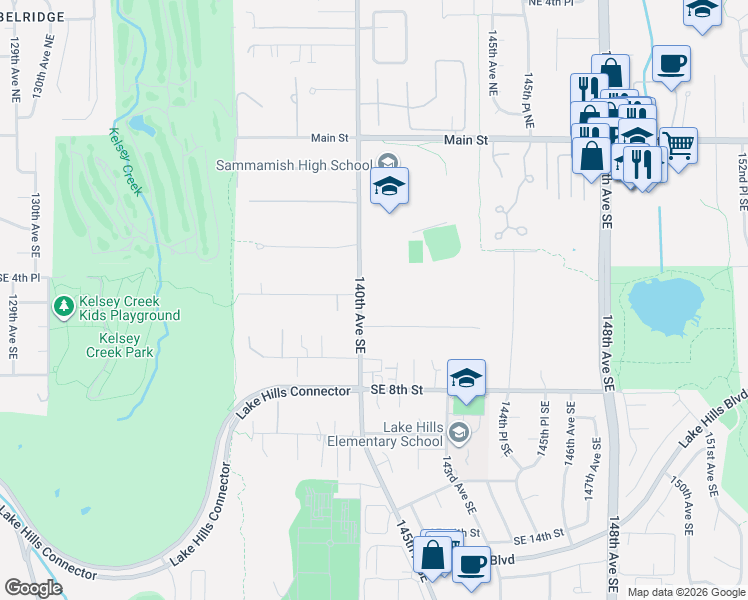 map of restaurants, bars, coffee shops, grocery stores, and more near 506 140th Avenue Southeast in Bellevue