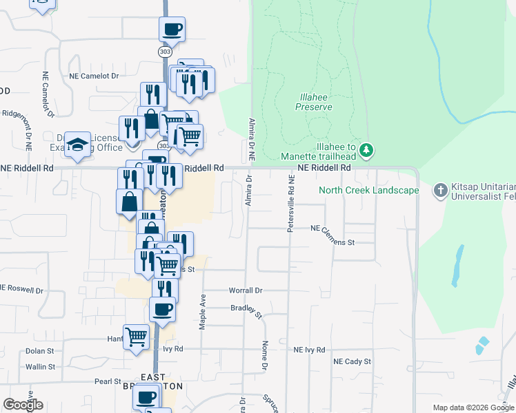 map of restaurants, bars, coffee shops, grocery stores, and more near 4456 Almira Drive in Bremerton