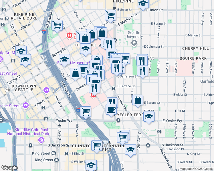 map of restaurants, bars, coffee shops, grocery stores, and more near 415 Boren Avenue in Seattle