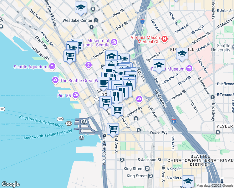 map of restaurants, bars, coffee shops, grocery stores, and more near in Seattle