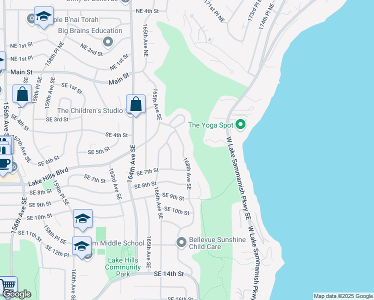 map of restaurants, bars, coffee shops, grocery stores, and more near 442 168th Avenue Southeast in Bellevue