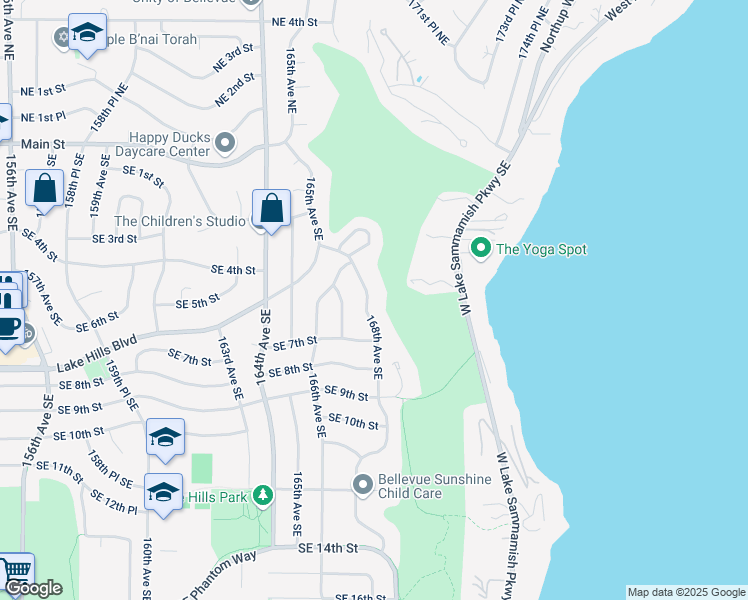 map of restaurants, bars, coffee shops, grocery stores, and more near 442 168th Avenue Southeast in Bellevue