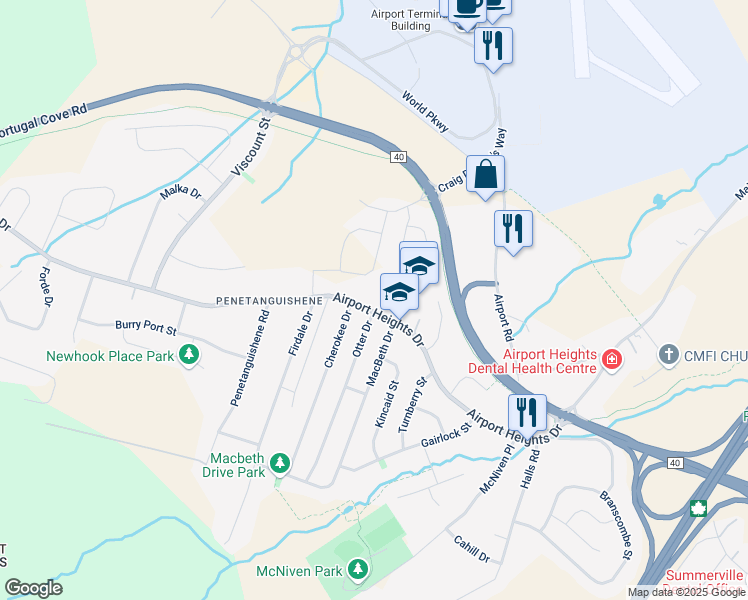 map of restaurants, bars, coffee shops, grocery stores, and more near 152 Airport Heights Drive in St. John's