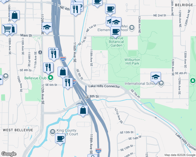map of restaurants, bars, coffee shops, grocery stores, and more near 506 Southeast 4th Place in Bellevue