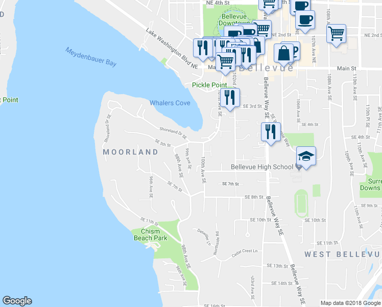 map of restaurants, bars, coffee shops, grocery stores, and more near 9901 Shoreland Drive Southeast in Bellevue