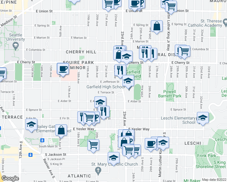 map of restaurants, bars, coffee shops, grocery stores, and more near 411 22nd Avenue in Seattle