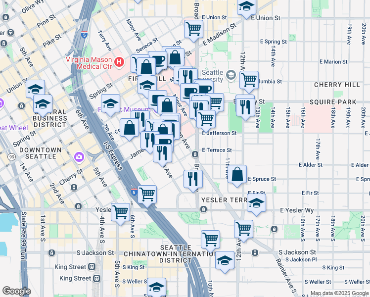 map of restaurants, bars, coffee shops, grocery stores, and more near 230 Jefferson Street in Seattle
