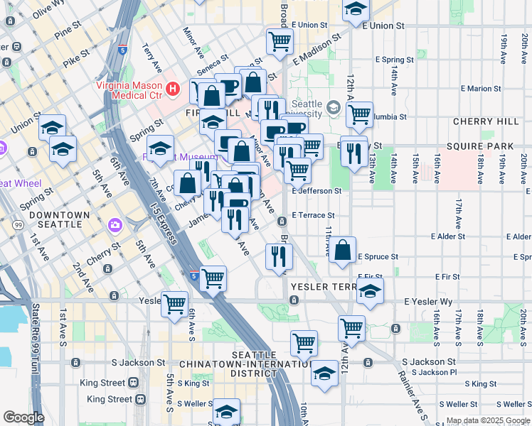 map of restaurants, bars, coffee shops, grocery stores, and more near 230 Jefferson Street in Seattle