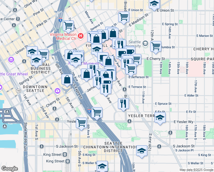 map of restaurants, bars, coffee shops, grocery stores, and more near 908 Jefferson Street in Seattle