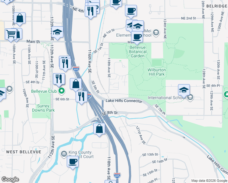 map of restaurants, bars, coffee shops, grocery stores, and more near 11814 Southeast 5th Street in Bellevue