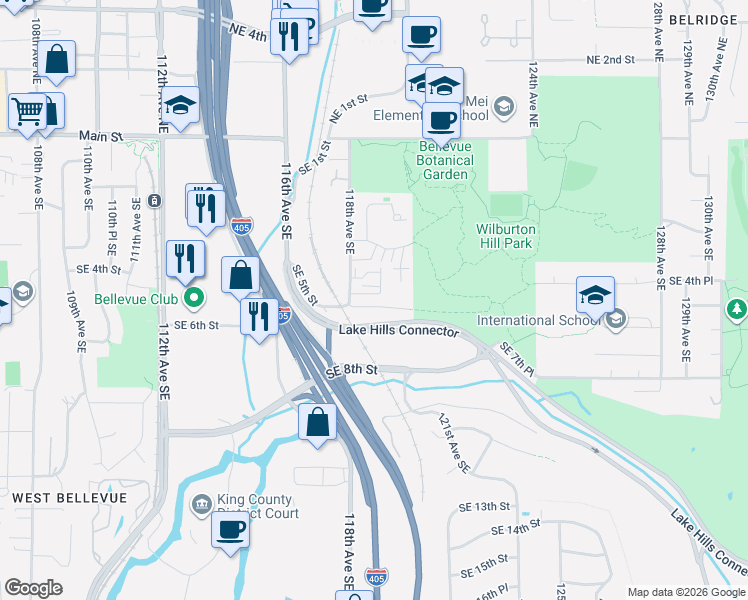 map of restaurants, bars, coffee shops, grocery stores, and more near 11870 Southeast 5th Street in Bellevue