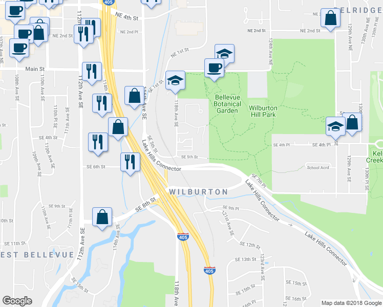 map of restaurants, bars, coffee shops, grocery stores, and more near 11870 Southeast 5th Street in Bellevue