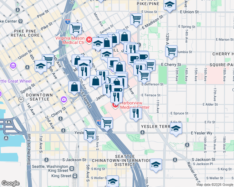 map of restaurants, bars, coffee shops, grocery stores, and more near 908 Jefferson Street in Seattle