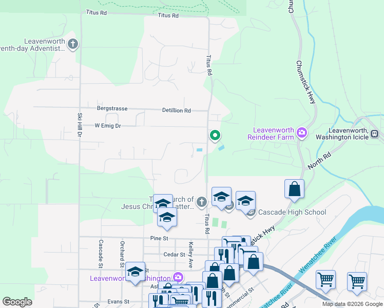 map of restaurants, bars, coffee shops, grocery stores, and more near Hilltop Road in Leavenworth