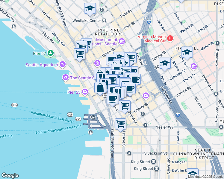 map of restaurants, bars, coffee shops, grocery stores, and more near 241 Spring Street in Seattle