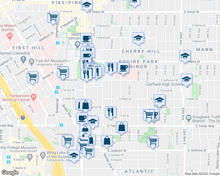 map of restaurants, bars, coffee shops, grocery stores, and more near 339 15th Avenue in Seattle