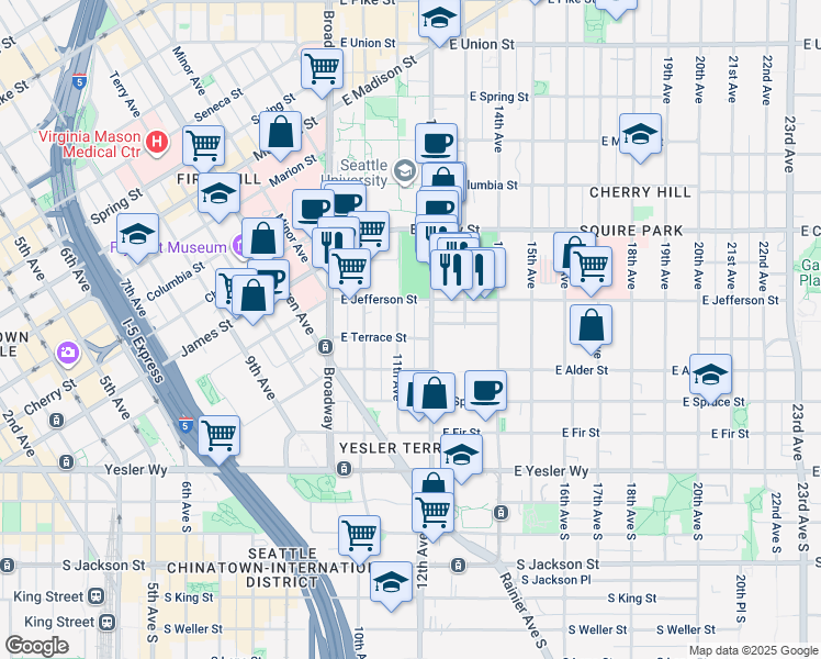 map of restaurants, bars, coffee shops, grocery stores, and more near 1108 East Terrace Street in Seattle
